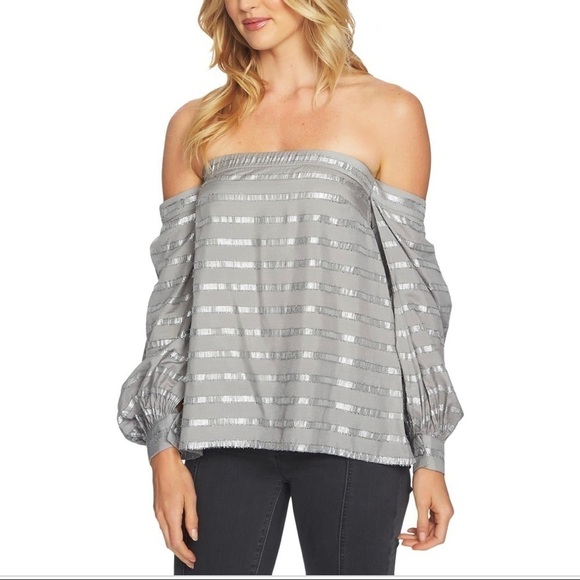 1.State Womens Sparkly Dressy Strapless Top silver metallic fringe off shoulder - Picture 2 of 13